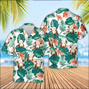 Farm Hawaiian Shirt, Hereford Cattle Pattern…