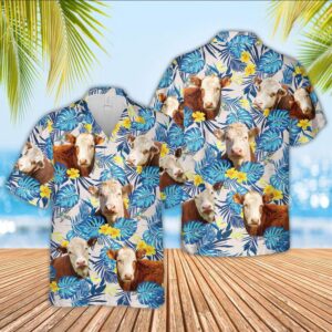 Farm Hawaiian Shirt, Hereford Cattle Tropical…