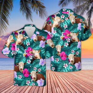 Farm Hawaiian Shirt, Hereford Cattle Tropical…