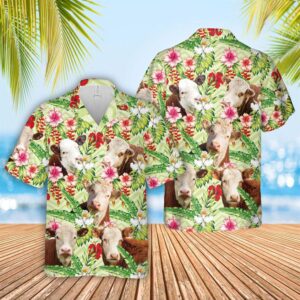 Farm Hawaiian Shirt, Hereford Hibicus Floral…