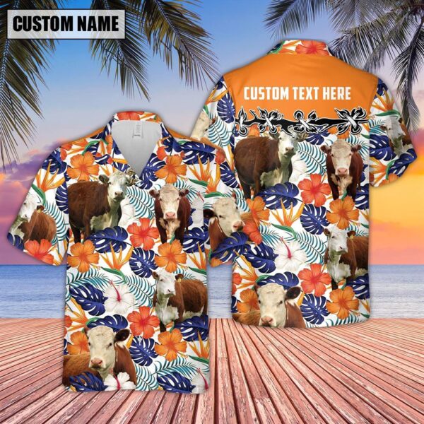 Farm Hawaiian Shirt, Hereford Hibiscus Blue Floral Custom Name 3D Hawaiian Shirt, Animal Hawaiian Shirt