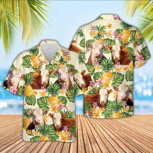 Farm Hawaiian Shirt, Hereford Pineapple Pattern…