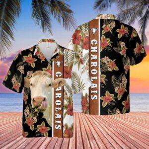 Farm Hawaiian Shirt, Hibiscus Flowers Charolais…