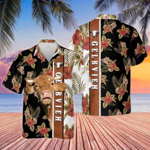 Farm Hawaiian Shirt, Hibiscus Flowers Gelbvieh…