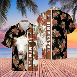 Farm Hawaiian Shirt, Hibiscus Flowers Simmental…