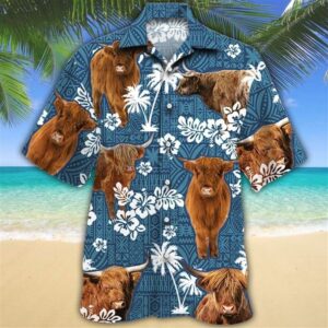 Farm Hawaiian Shirt, Highland Cattle Blue…