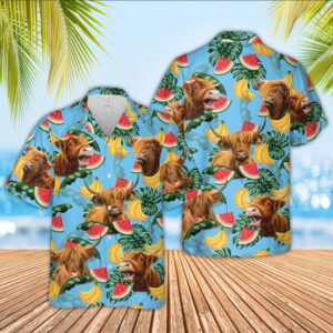 Farm Hawaiian Shirt, Highland Cattle Blue…