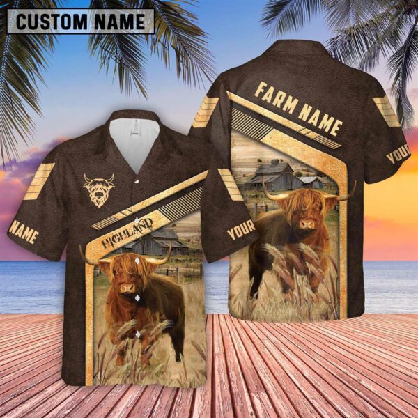 Farm Hawaiian Shirt, Highland Cattle Brown Pattern Customized Name 3D Hawaiian Shirt, Animal Hawaiian Shirt