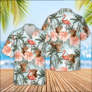 Farm Hawaiian Shirt, Highland Cattle Flamingo…