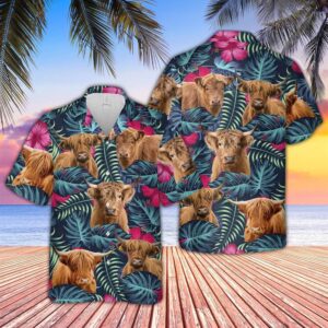 Farm Hawaiian Shirt, Highland Cattle Floral…