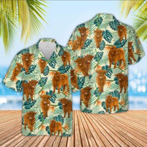 Farm Hawaiian Shirt, Highland Cattle Green…