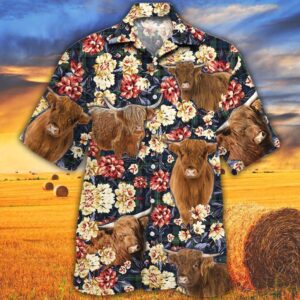 Farm Hawaiian Shirt, Highland Cattle Green…