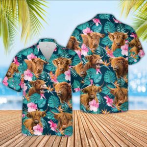 Farm Hawaiian Shirt, Highland Cattle Palm…