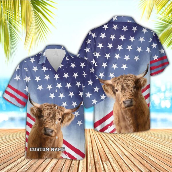 Farm Hawaiian Shirt, Highland Cattle Star Pattern Customized Name 3D Hawaiian Shirt, Animal Hawaiian Shirt