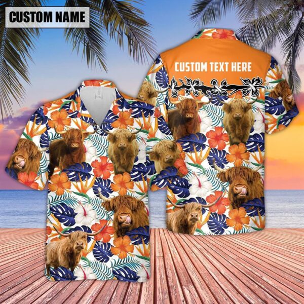 Farm Hawaiian Shirt, Highland Hibiscus Blue Floral Custom Name 3D Hawaiian Shirt, Animal Hawaiian Shirt