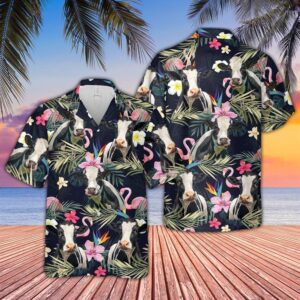 Farm Hawaiian Shirt, Holstein And Flamingo…