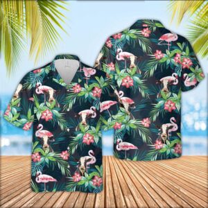 Farm Hawaiian Shirt, Holstein Cattle Flamingo…