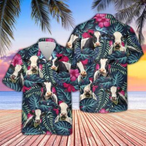 Farm Hawaiian Shirt, Holstein Cattle Floral…