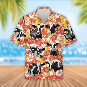 Farm Hawaiian Shirt, Holstein Cattle Orange…