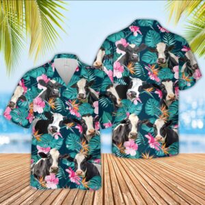 Farm Hawaiian Shirt, Holstein Cattle Palm…