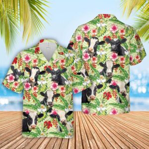 Farm Hawaiian Shirt, Holstein Hibicus Floral…