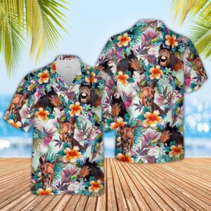 Farm Hawaiian Shirt, Horse Colorful Leaf…