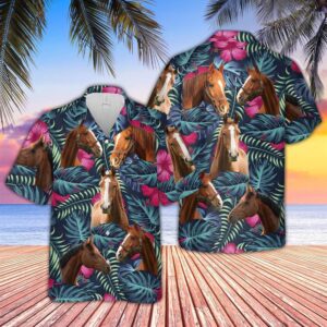 Farm Hawaiian Shirt, Horse Floral Tropical…