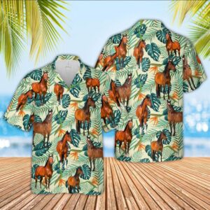 Farm Hawaiian Shirt, Horse Green Pattern…