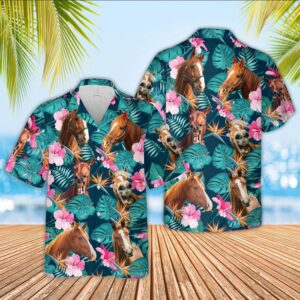 Farm Hawaiian Shirt, Horse Palm Leaves…