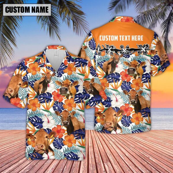 Farm Hawaiian Shirt, Jersey Hibiscus Blue Floral Custom Name 3D Hawaiian Shirt, Animal Hawaiian Shirt