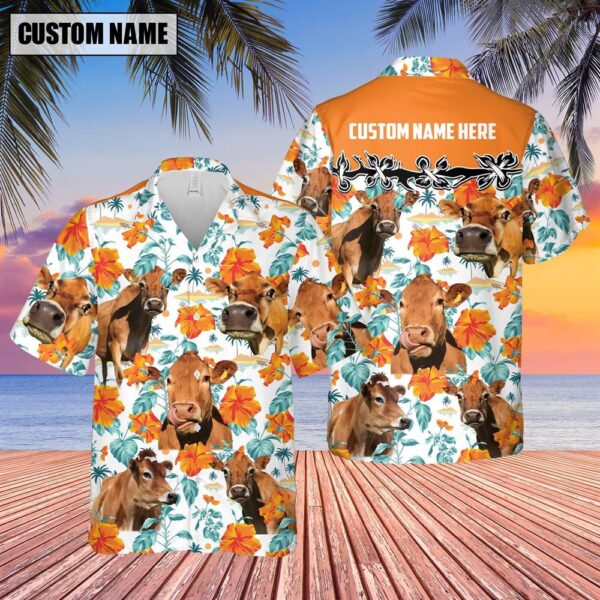 Farm Hawaiian Shirt, Jersey Hibiscus Floral Custom Name 3D Hawaiian Shirt, Animal Hawaiian Shirt