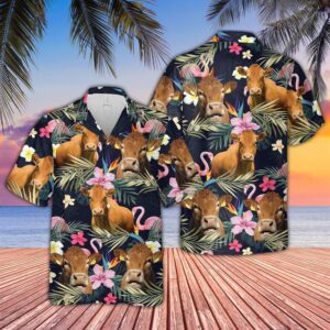 Farm Hawaiian Shirt, Limousin And Flamingo…