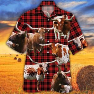 Farm Hawaiian Shirt Longhorn Cattle Red Tartan Pattern All Over Printed 3D Hawaiian Shirt Animal Hawaiian Shirt 1 koi0tt.jpg