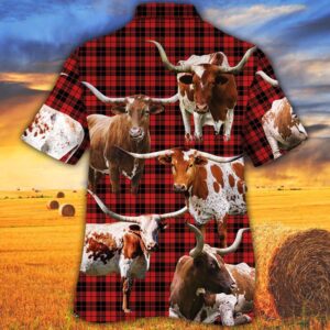 Farm Hawaiian Shirt Longhorn Cattle Red Tartan Pattern All Over Printed 3D Hawaiian Shirt Animal Hawaiian Shirt 2 iipria.jpg