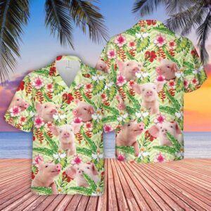 Farm Hawaiian Shirt, Pig Hibicus Floral…