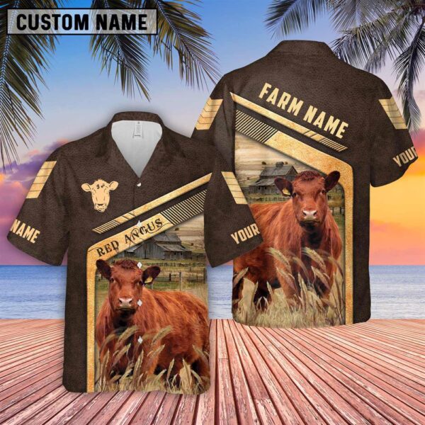 Farm Hawaiian Shirt, Red Angus Brown Pattern Customized Name 3D Hawaiian Shirt, Animal Hawaiian Shirt