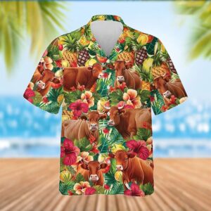 Farm Hawaiian Shirt, Red Angus Tropical…