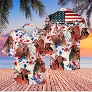 Farm Hawaiian Shirt, Red Brahman Cattle…