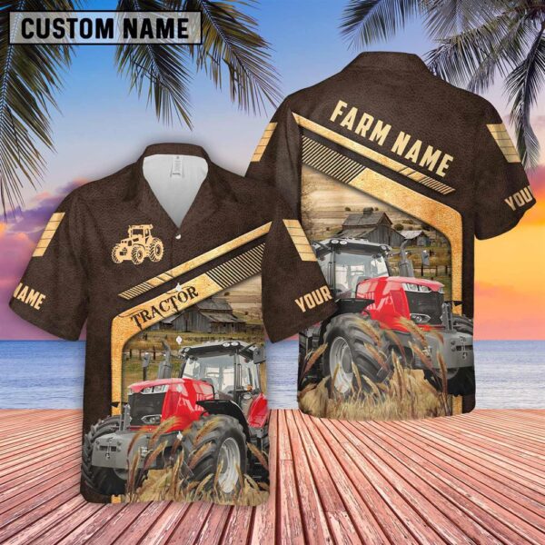 Farm Hawaiian Shirt, Red Tractor Brown Pattern Customized Name 3D Hawaiian Shirt, Animal Hawaiian Shirt