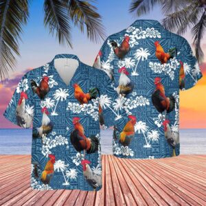 Farm Hawaiian Shirt, Rooster Blue Tribal…