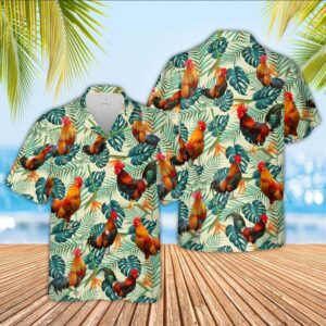 Farm Hawaiian Shirt, Rooster Green Pattern…