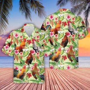 Farm Hawaiian Shirt, Rooster Hibicus Floral…