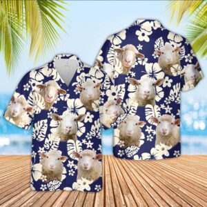 Farm Hawaiian Shirt, Sheep Flower Blue…