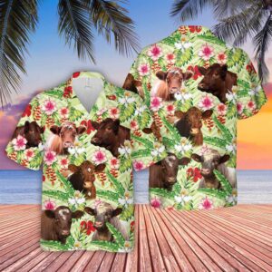 Farm Hawaiian Shirt, Shorthorn Hibicus Floral…