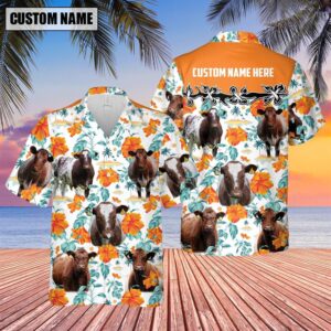 Farm Hawaiian Shirt, Shorthorn Hibiscus Floral…