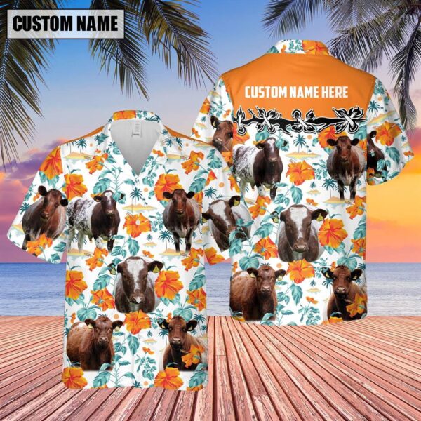 Farm Hawaiian Shirt, Shorthorn Hibiscus Floral Custom Name 3D Hawaiian Shirt, Animal Hawaiian Shirt