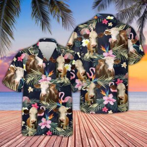 Farm Hawaiian Shirt, Simmental And Flamingo…