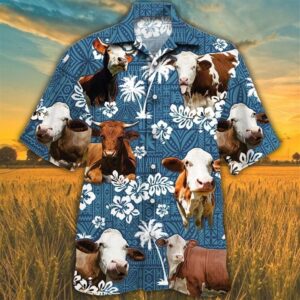 Farm Hawaiian Shirt, Simmental Cattle Blue…