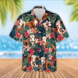 Farm Hawaiian Shirt, Simmental Cattle Red…