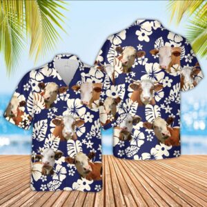 Farm Hawaiian Shirt, Simmental Flower Blue…